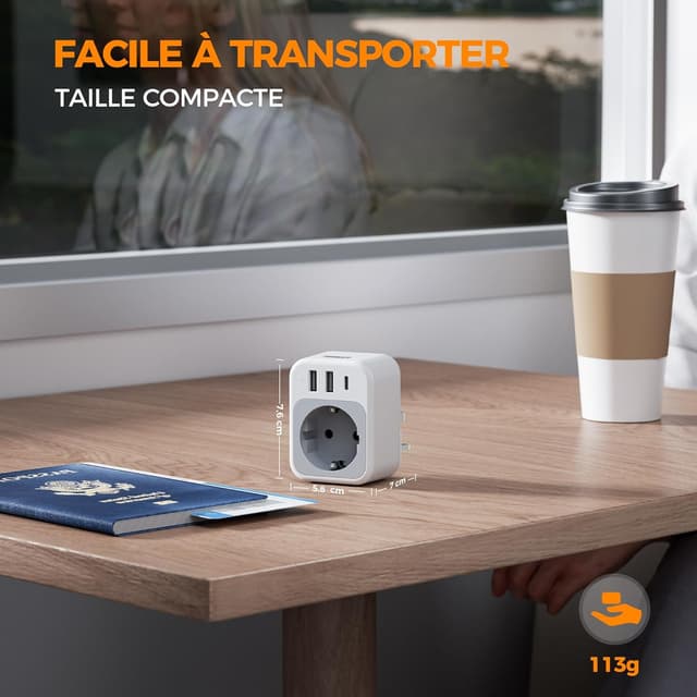 Detalle de TESSAN adaptateur prise anglaise 4 en 1 (type G) vers France : 1 USB‑C + 2 USB‑A