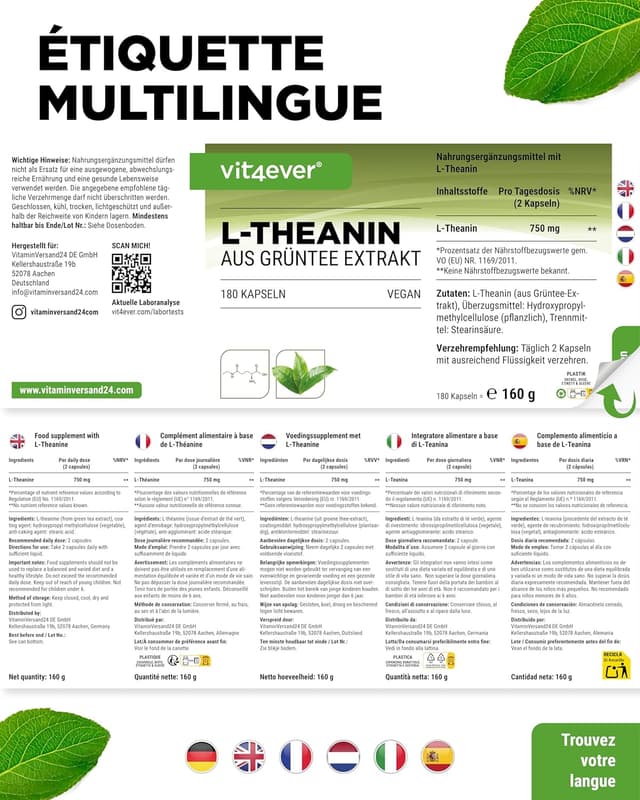 Detalle 2 de L-Théanine vit4ever 180 gélules (750 mg par portion journalière) – extrait naturel de thé vert, végétalien