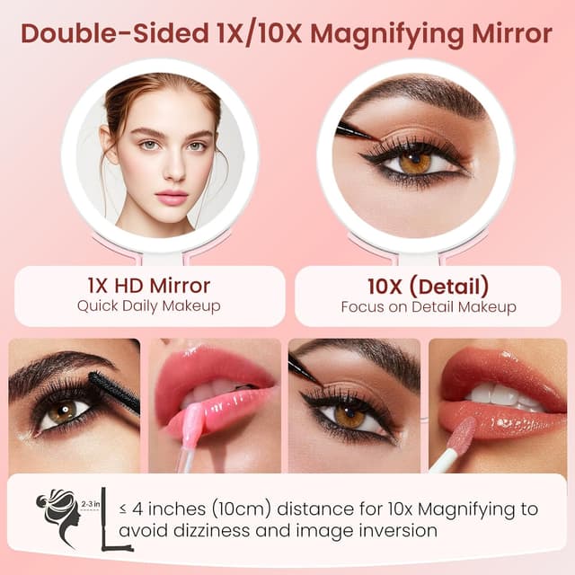 Detalle 2 de FZIFZI Makeup Mirror with Lights (10X/1X) – Rechargeable LED Magnifying Vanity Mirror, Pink