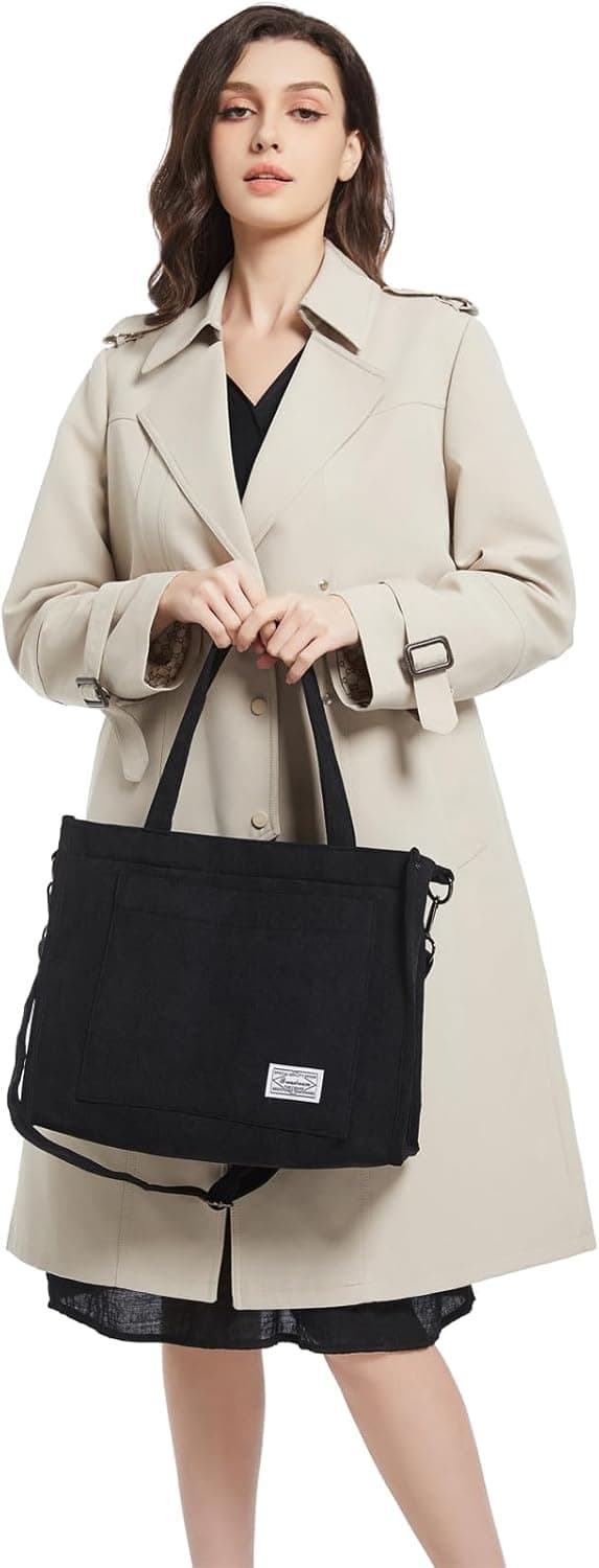 Detalle 2 de Tibroni Sac à main femme en velours côtelé noir : cabas rétro, bandoulière réglable