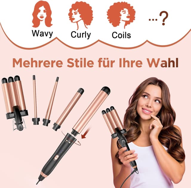 Detalle de BESTOPE MIX Welleneisen-Set 5 in 1 mit Turmalin-Keramikfässern (32 mm, 25 mm, 9 mm, Kegel 9–19 mm, Welle)