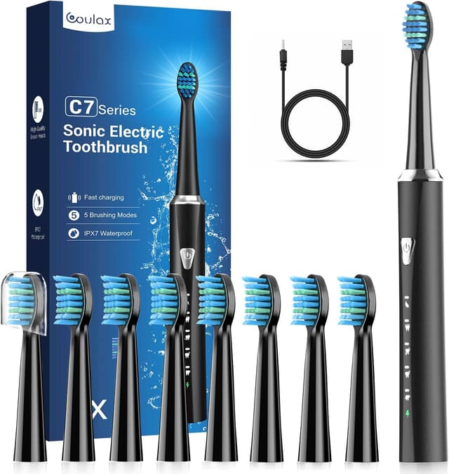 Detalle de Coulax Pro COULAX Spazzolino Elettrico Sonico con 8 testine, 5 modalità e timer 2 minuti (IPX7)