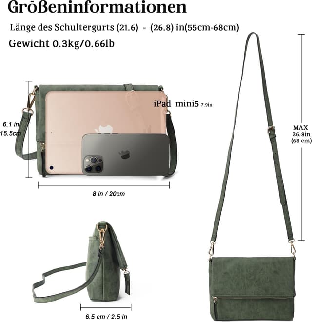 Detalle de Gladdon Umhängetasche Damen Klein – Crossbody/Crossbodytasche in Dunkelgrün mit abnehmbarem Schulterriemen