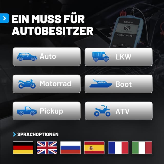 Detalle de TOPDON AB101 12V Batterietester für KFZ, Motorrad, SUV & Co.