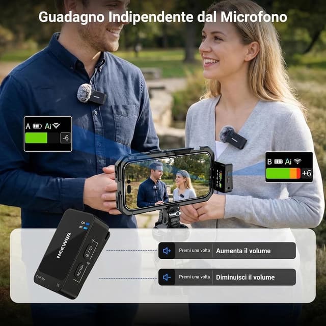 Detalle de NEEWER CM26 Pro microfono wireless AI per iPhone, Android, fotocamera e PC (lavalier)