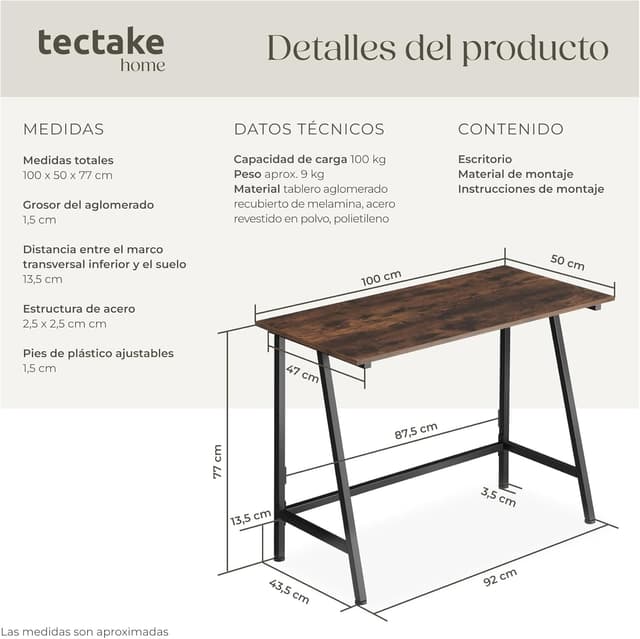 Detalle 2 de tectake Mesa Escritorio de Madera 100x50x77 cm