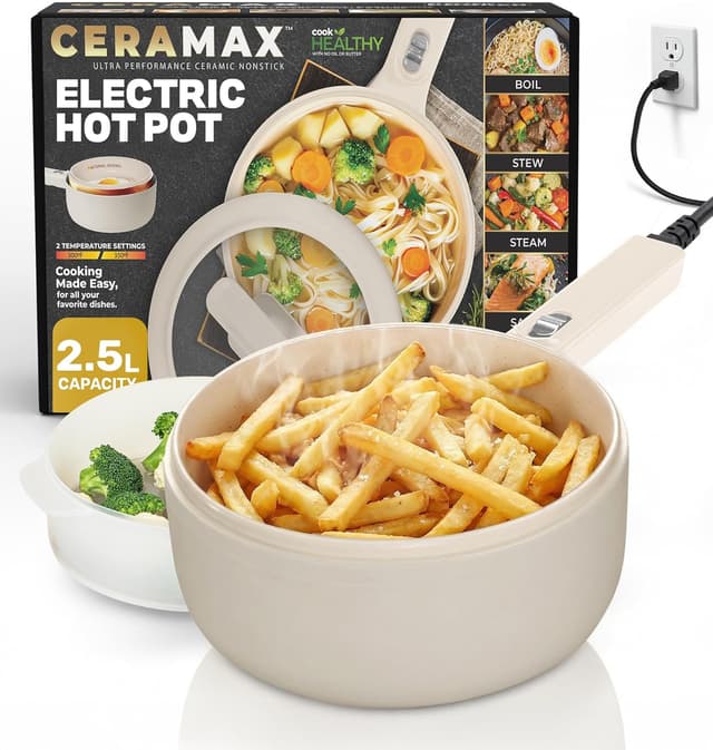 Detalle 1 de CERAMAX PRO Electric Hot Pot with Lid & Steamer (2L) — Adjustable Temperature Ceramic Cooker for Ramen, Eggs, Pasta