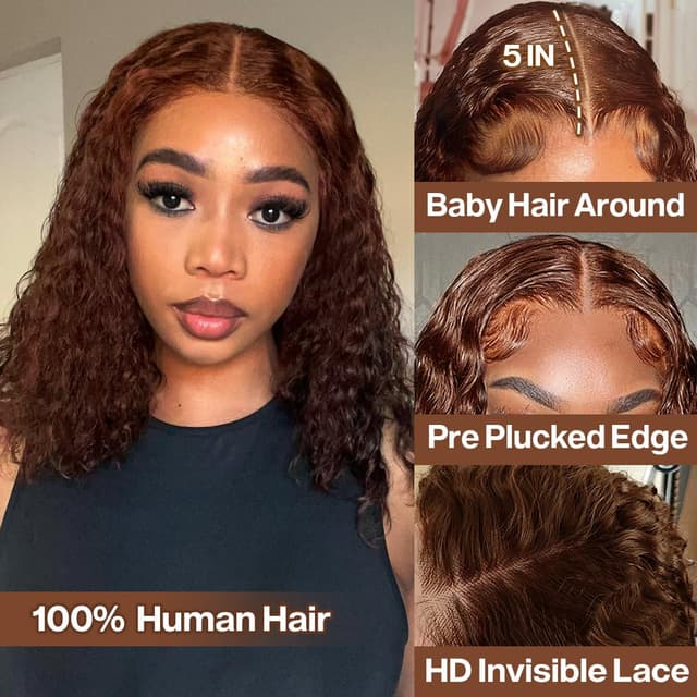 Detalle de omswet Curly BOB Human Hair Wig (200 Density) with 5x5 HD Lace Closure, Deep Wave, Glueless Wear and Go