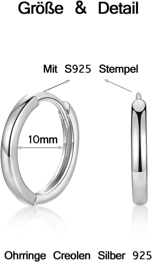 Detalle de MASOP Creolen Silber 925 Stecker (8/10/12 mm) – kleine Ohringe für Damen, Frauen, Mädchen und Herren