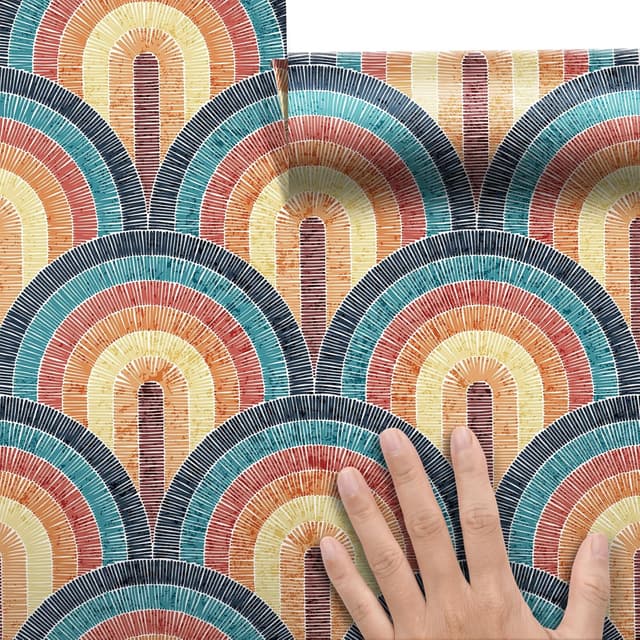 Thumbnail 6 de Livelynine selbstklebende Tapete Boho mit geometrischem Muster – Rot, Petrol & Gelb (44,5 cm x 7 m)