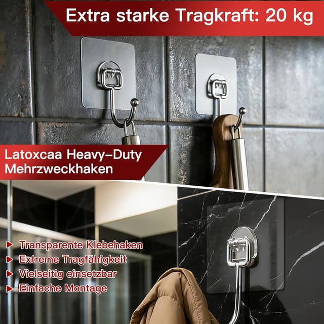 Detalle de Latoxcaa Klebehaken Extra Stark bis 20 kg (10 Stück) – transparente selbstklebende Haken ohne Bohren