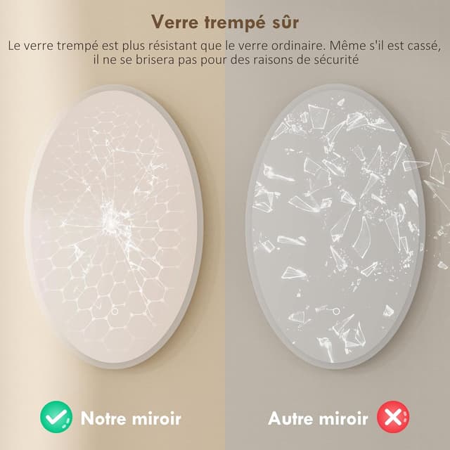 Detalle de HOMCOM miroir de salle de bain LED ovale 80x50 cm avec anti-buée, 3 températures, dimmable et mémoire