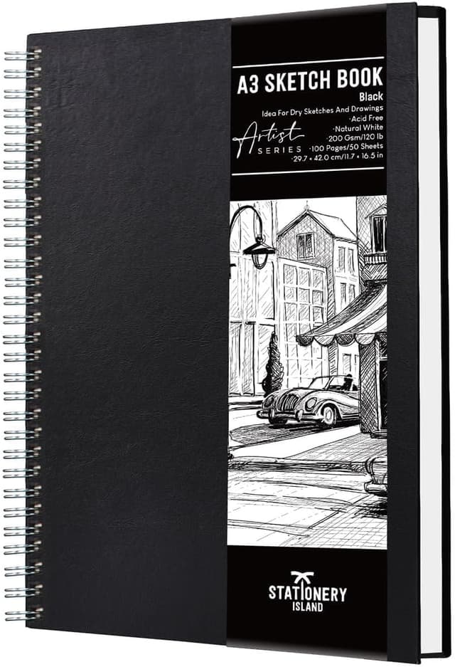 Detalle de STATIONERY ISLAND Carnet de croquis A3 à couverture rigide, papier 200 g/m² et reliure spirale