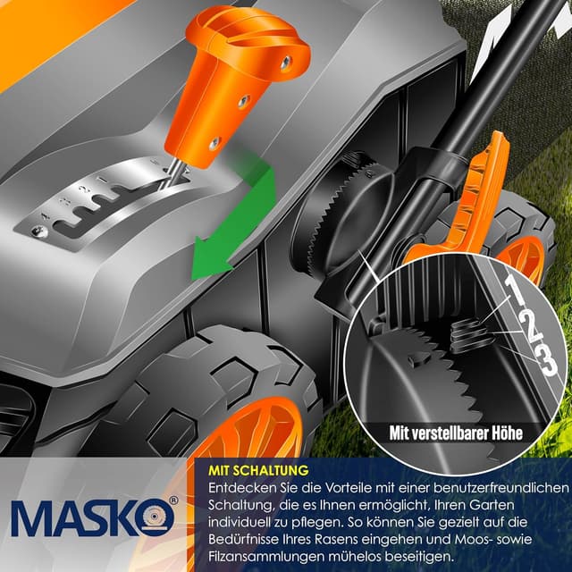 Detalle de MASKO® Elektro 2in1 Vertikutierer & Rasenlüfter 1800 W, 40 cm Arbeitsbreite, 55-L Fangkorb
