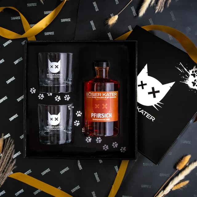 Detalle de BÖSER KATER Pfirsich Likör Geschenkset mit 2 Gläsern – fruchtiger Peach Aperitif für Cocktails & Spritz
