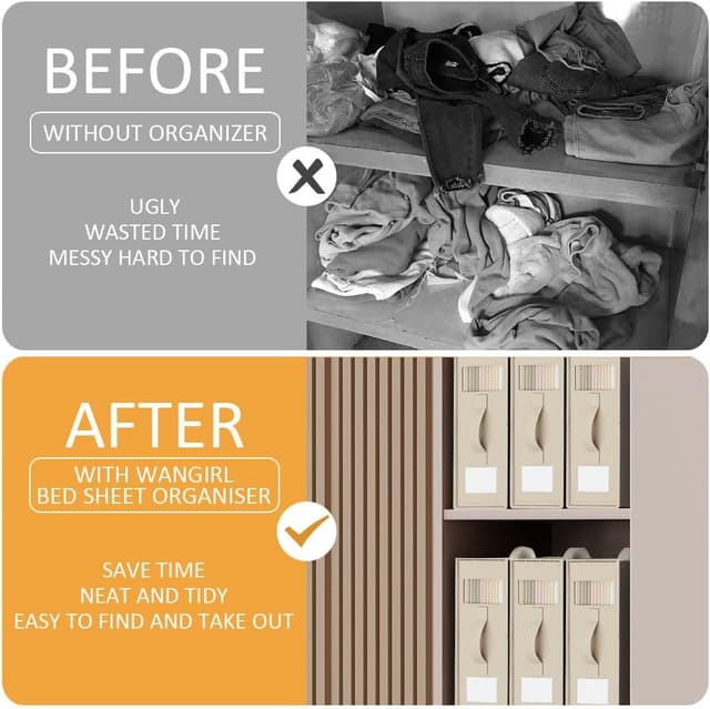 Detalle 2 de WANGIRL 6 Pack Bed Sheet Organiser Folding Storage (Beige) with Zip
