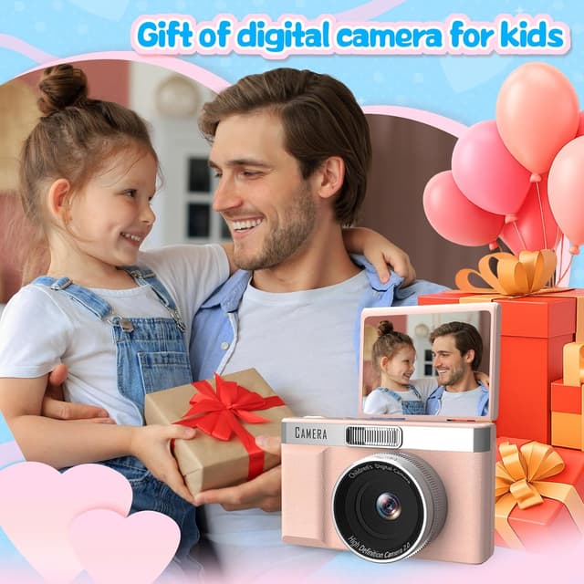 Detalle 2 de Appareil photo enfant rose avec écran inversable 180° et carte mémoire 32GB – enregistrement HD 1080P