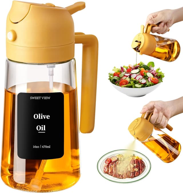 Detalle de SWEET VIEW 2-in-1 Ölsprüher und Ölspender mit Glasflasche, 470 ml (gelb) – zum Kochen, Grillen & Heißluftfritteuse