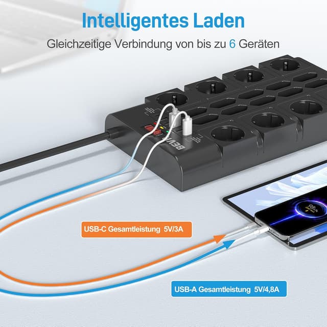 Detalle de BEVA 18-fach Steckdosenleiste 3680 W/16 A mit Überspannungsschutz (2100 J) und 2 USB-C + 4 USB-A, Schalter, 2 m Kabel