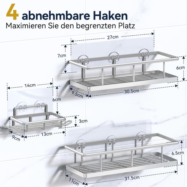 Detalle de YASONIC Duschablage ohne Bohren (3er-Set) – rostfreie Organizer mit 2 Haken, schnell trocknend, Silber