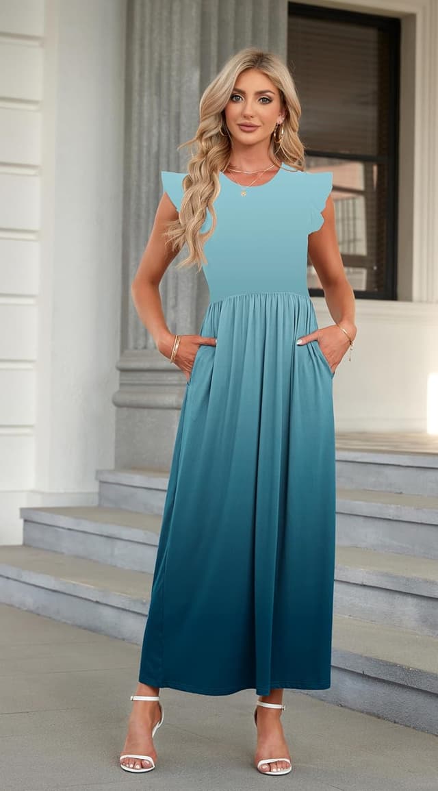 Detalle 2 de AUSELILY Damen Sommer-Maxikleid mit Rundhalsausschnitt, Taschen, Rüschen & hoher Taille