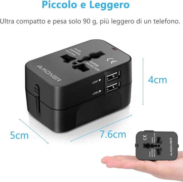 Thumbnail 5 de Amoner Adattatore da Viaggio universale 180 paesi, 2 porte USB 🔌