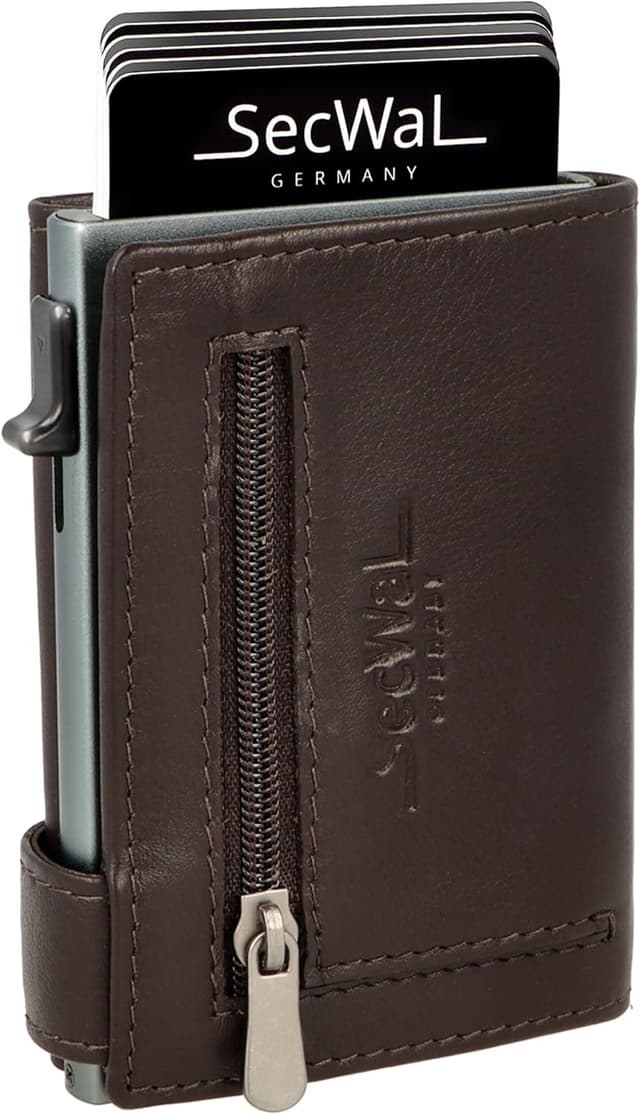 Detalle de SecWal Kartenetui mit Münzfach & Reißverschluss aus Echtleder (RFID-geschützt) – Mini-Geldbörse klein 9,5 × 7,0 × 2 cm