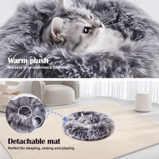 Detalle de Odoland 2-in-1 Cat Tunnel Bed set with washable cushion, donut tunnel & hanging toys (dark grey)