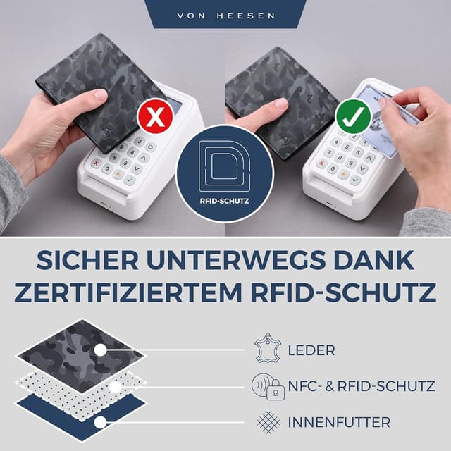 Detalle de VON HEESEN Leder-Geldbörse mit RFID-Schutz (Camouflage Grau) – Echtleder-Portemonnaie