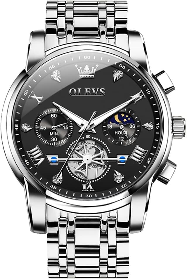 Detalle de OLEVS Herren Chronograph Quarz-Uhr mit Analog-Anzeige, wasserdicht bis 30 m, leuchtenden Markierungen aus Edelstahl