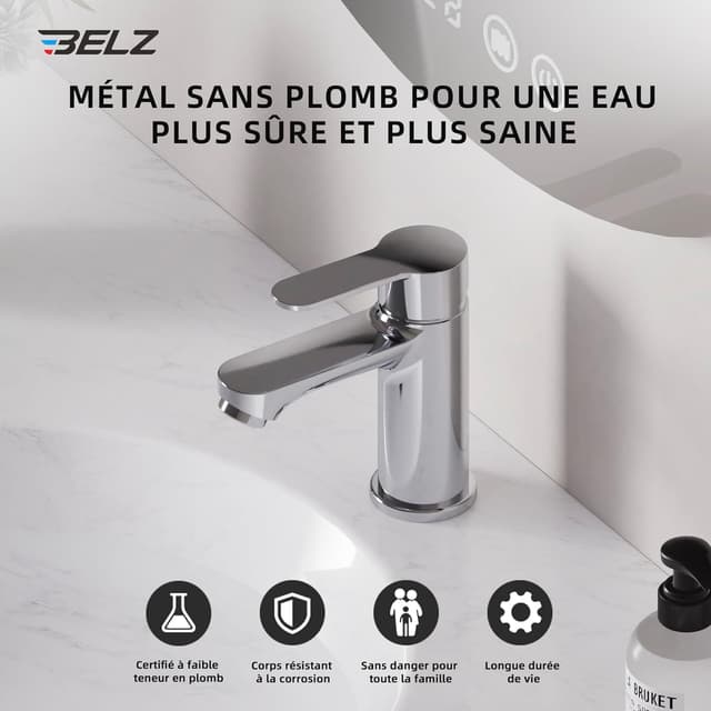Detalle 2 de Mitigeur de lavabo BELZ monocommande chromé, bec hauteur 78 mm (raccord G 3/8)