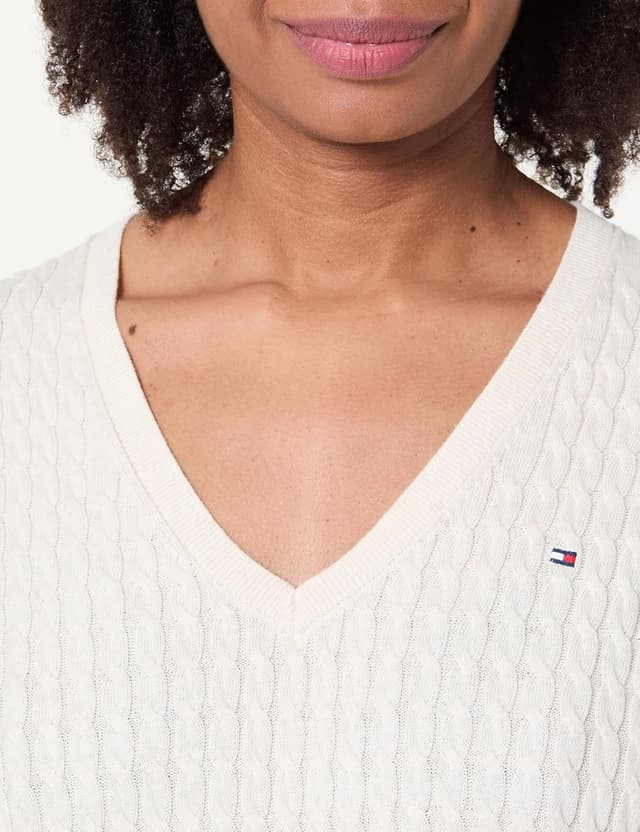 Detalle 2 de Tommy Hilfiger Women’s Co Cable Fine GG V-neck Long Sleeve Pullover Sweater (WW0WW44987)