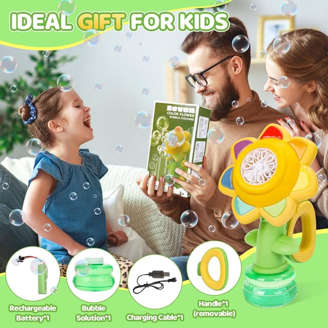 Detalle 2 de Jovicos Seifenblasenmaschine für Kinder – wiederaufladende tanzende Sonnenblume mit LED-Licht