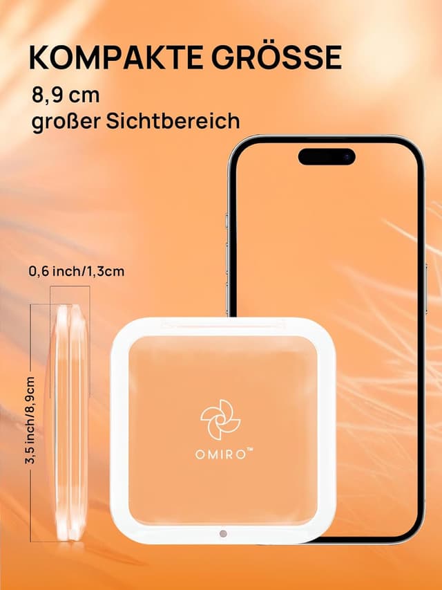 Detalle de OMIRO Taschenspiegel mit 10-facher Vergrößerung – kompakter Reise-Spiegel für Handtasche (quadratisch, 8,9 cm, Pfirsichflaum)