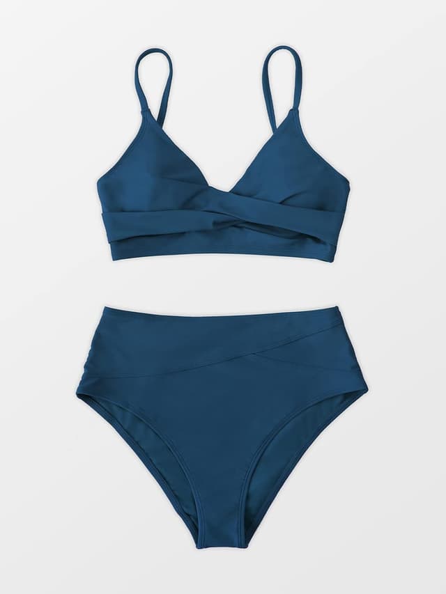 Detalle 2 de CUPSHE bikini donna a vita alta con top a scollo a V e coppe imbottite estraibili, blu scuro (taglia S)