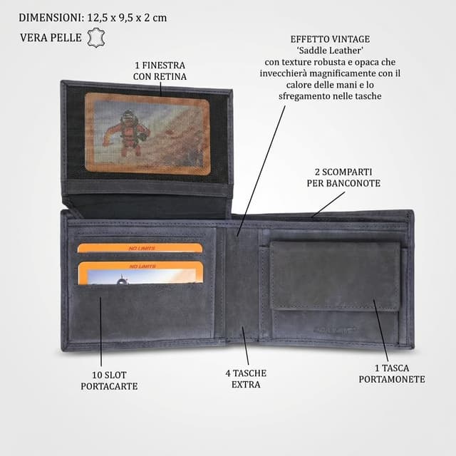 Detalle de No Limits Classico portefeuille homme bifold en cuir véritable effet vieilli bleu marine avec porte-monnaie et fenêtre