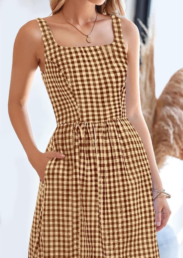 Detalle de PRETTYGARDEN Women’s Plaid Square-Neck Spaghetti Strap Maxi Dress (2026 Summer Collection)