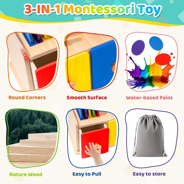 Detalle de WEVOL Jeux Montessori 1 2 3 Ans : trieur en bois 3-en-1 à tiroir pour apprendre couleurs et formes