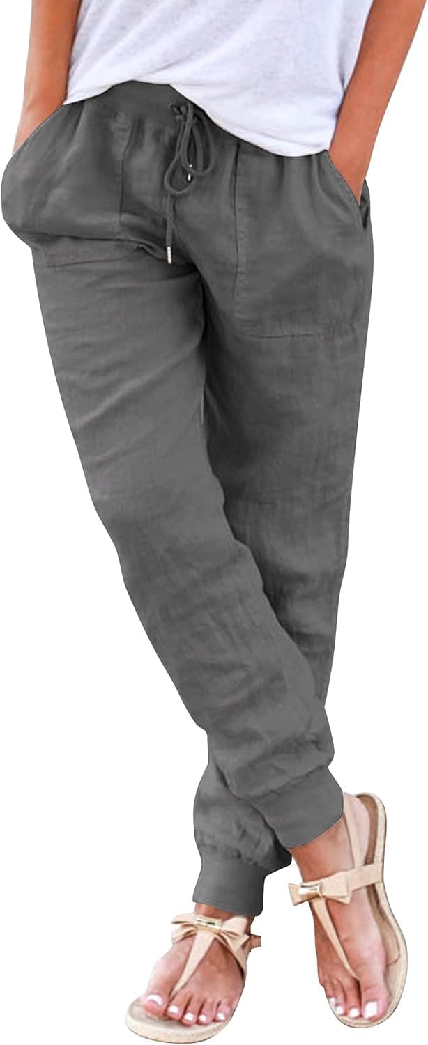 Detalle de Damen Sommer Casual Hose aus Baumwolle/Leinen-Mix mit Stretch-Bund & Taschen (Straight Leg)