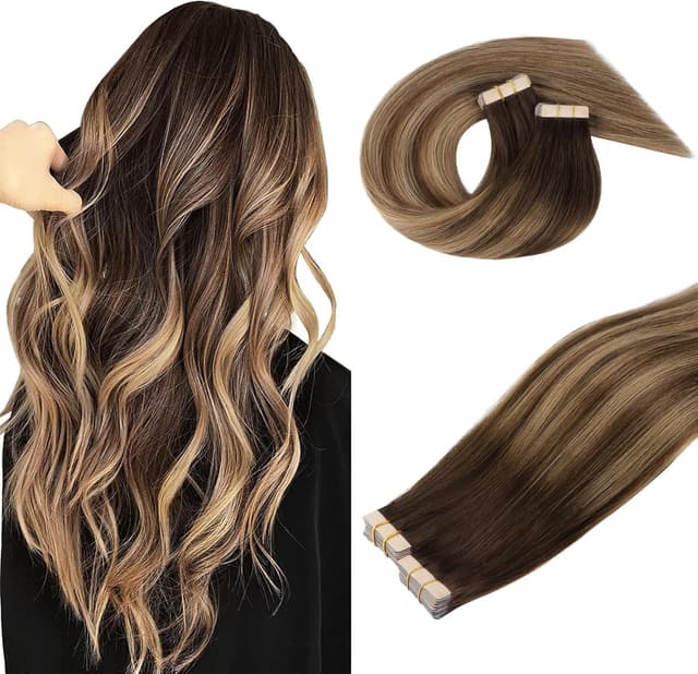 Detalle de DOORES Extension Capelli Veri Remy Biadesive Tape-in Balayage Marrone Cioccolato a Biondo Caramello (45 cm, 40 pz, 100 g)