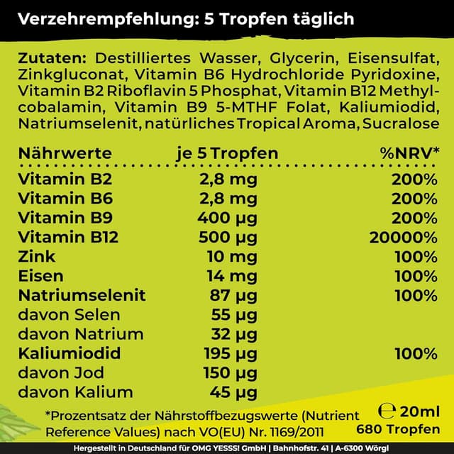 Detalle 2 de Vegan All-in-One Tropfen mit B12/B2/B6/B9, Zink, Eisen, Selen & Jod (20 ml) – NatureCraft