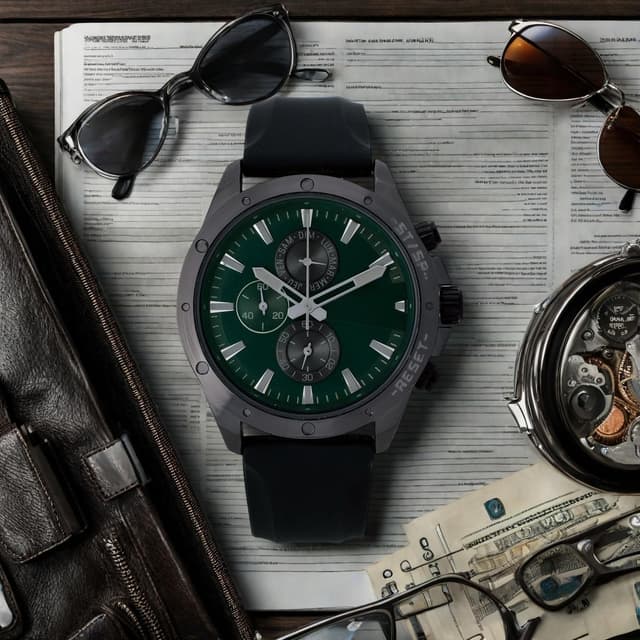 Detalle de NUOVO Herren Analog-Quarzuhr mit Chronographen-Design und grünen Zifferblatt (Silikon- oder Lederarmband)
