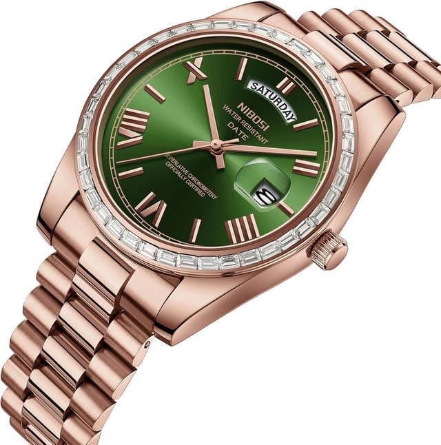 Detalle 2 de NIBOSI Orologio da uomo analogico al quarzo con lunetta tempestata di diamanti, impermeabile 3 ATM e datario