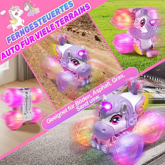 Detalle de Ferngesteuertes Einhorn-Monstertruck Auto für Mädchen (ab 3 Jahren), 1/20 mit 360°-Drehung, Musik & Licht, 2,4 GHz