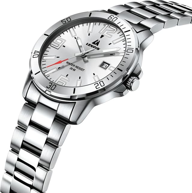 Detalle de LN LENQIN Herrenarmbanduhr aus Edelstahl mit Quarz, Analog-Anzeige, Datum und 3-ATM-Schutz