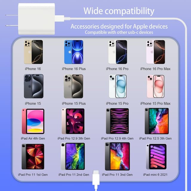 Thumbnail 6 de 10ft USB-C Cable + 20W USB-C Wall Charger Set for iPhone 16/15 Pro Max, iPad & AirPods (Fast Charging) — White