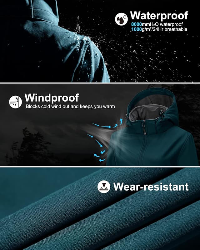 Detalle de 33,000ft Softshelljacke Damen – lange wasserdichte & winddichte Übergangsjacke mit abnehmbarer Kapuze
