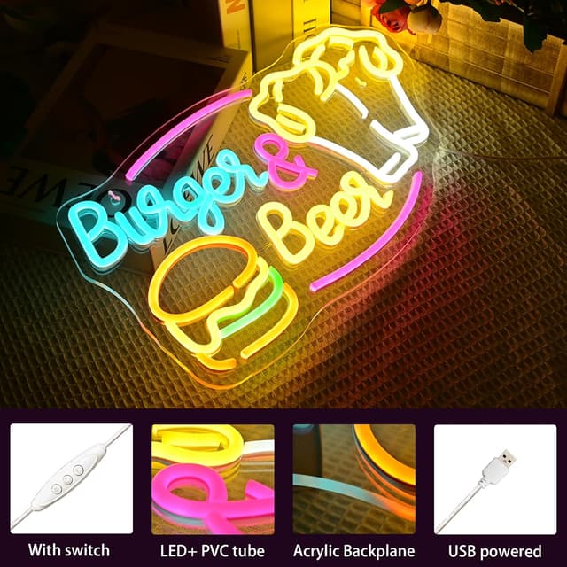 Detalle de LUCUNSTAR „Burger & Beer“ Neon Schild mit USB-Dimmer – Wanddeko für Bar, Restaurant & Küche