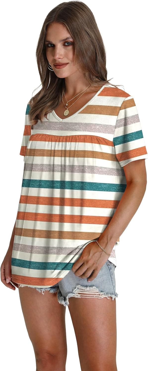 Detalle de WEESO Women’s V-Neck Pleated Short Sleeve T-Shirt Dressy Casual Top