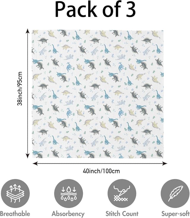 Detalle 2 de Soarwg Kids Muslin Swaddle Baby Blanket (Pack of 3) – 95 x 100cm Dinosaur Print